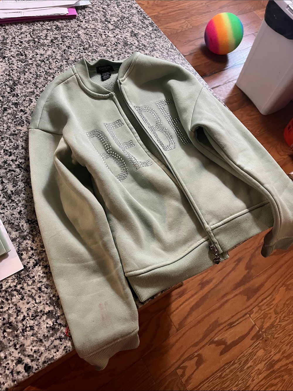 5th & Ocean Women's Mint Green Crystal Logo Zip Bomber Jacket